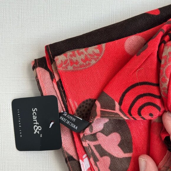 Floral Geometric Infinity Scarf: Red, Brown & Pink Abstract Circle Scarf - Picture 6 of 11